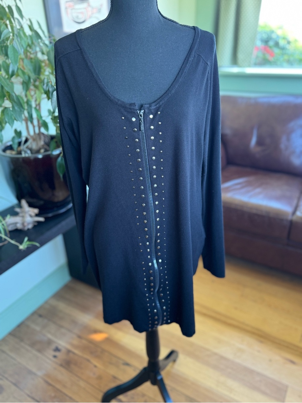 Black Stud-Trim Zip Front Women's Top